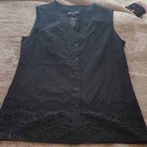 Della Spiga Black Sleeveless Button-Front Eyelet Hem Top Sz SM